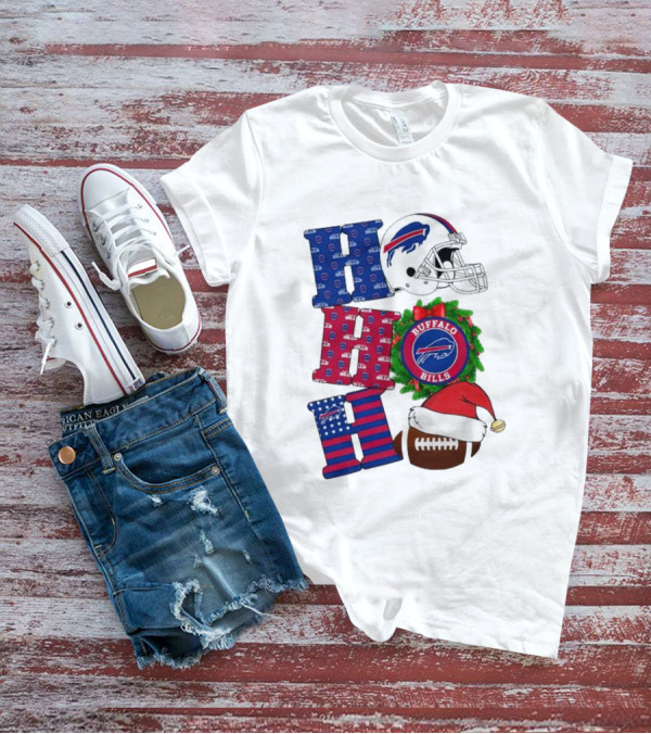 Buffalo Bills Helmet Wreath Football Santa Hat Ho Ho Ho Merry Christmas T-Shirt