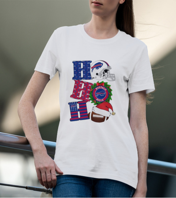 Buffalo Bills Helmet Wreath Football Santa Hat Ho Ho Ho Merry Christmas T-Shirt