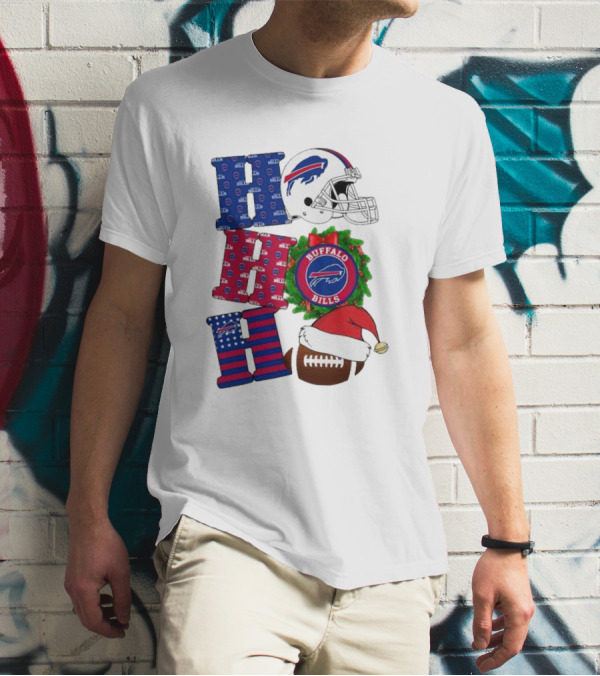 Buffalo Bills Helmet Wreath Football Santa Hat Ho Ho Ho Merry Christmas T-Shirt