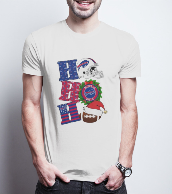 Buffalo Bills Helmet Wreath Football Santa Hat Ho Ho Ho Merry Christmas T-Shirt