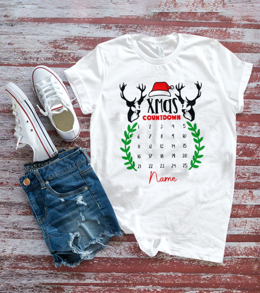 Xmas Countdown Calendar Name Custom Santa Hat Deer Antlers T-Shirt
