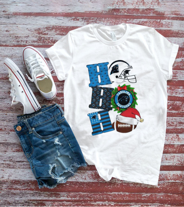 Carolina Panthers Ho Ho Ho Merry Christmas Football Helmet Wreath Santa Hat T-Shirt