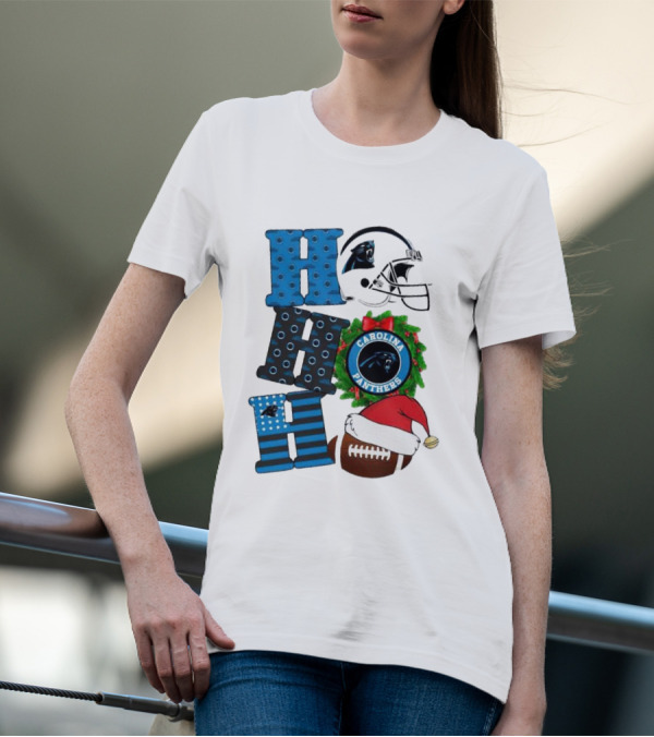 Carolina Panthers Ho Ho Ho Merry Christmas Football Helmet Wreath Santa Hat T-Shirt