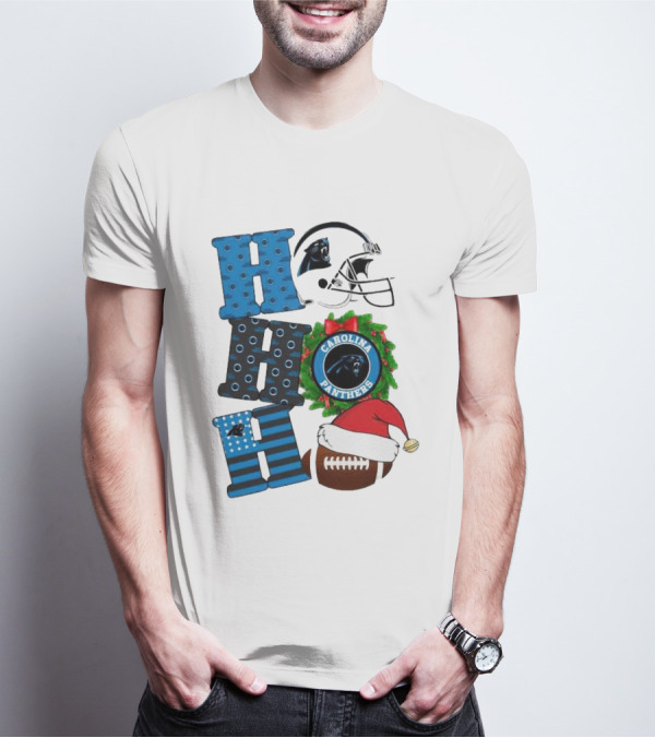 Carolina Panthers Ho Ho Ho Merry Christmas Football Helmet Wreath Santa Hat T-Shirt