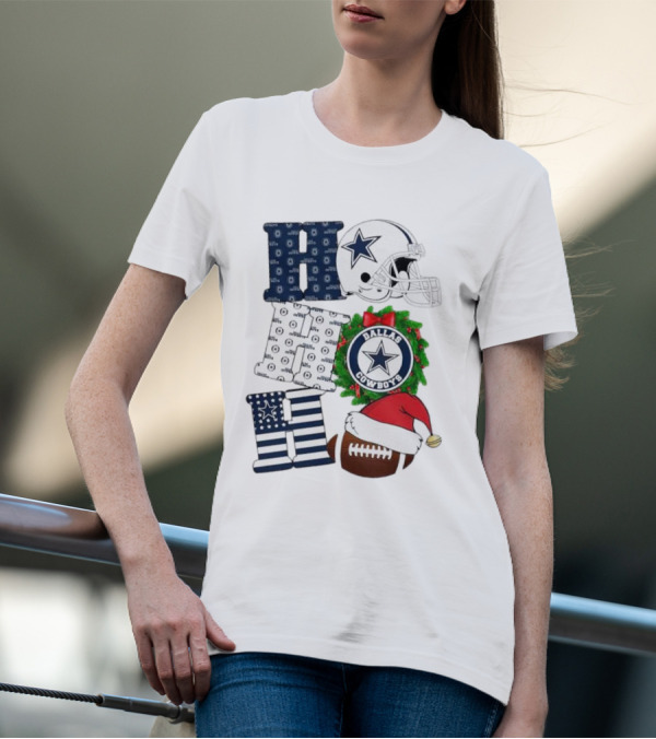 Dallas Cowboys Helmet Wreath Football Christmas Ho Ho Ho Merry Christmas T-Shirt