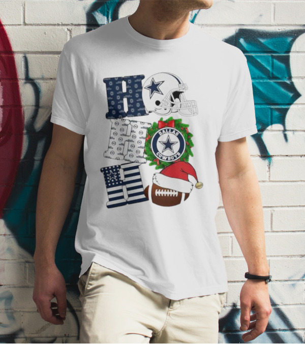 Dallas Cowboys Helmet Wreath Football Christmas Ho Ho Ho Merry Christmas T-Shirt
