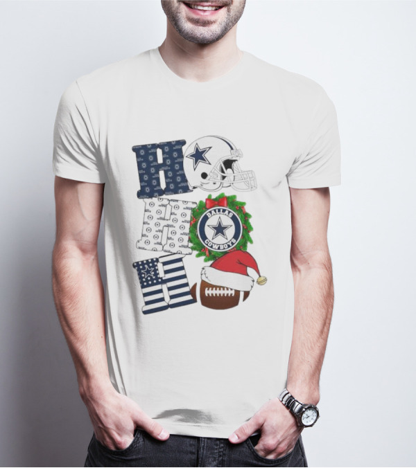 Dallas Cowboys Helmet Wreath Football Christmas Ho Ho Ho Merry Christmas T-Shirt