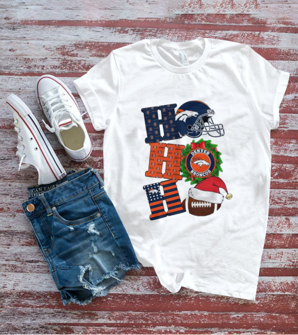 Denver Broncos Ho Ho Ho Merry Christmas Football Helmet Wreath Santa Hat Holiday T-Shirt