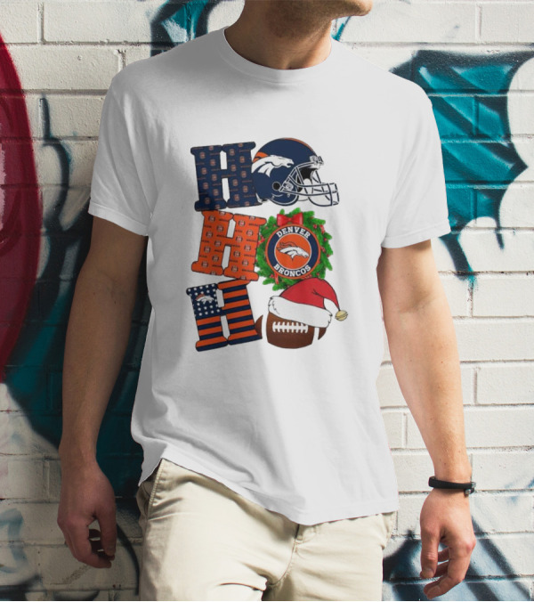 Denver Broncos Ho Ho Ho Merry Christmas Football Helmet Wreath Santa Hat Holiday T-Shirt