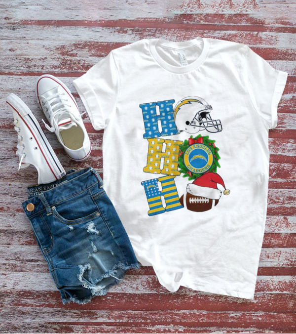 Los Angeles Chargers Ho Ho Ho Merry Christmas Wreath Helmet Football Santa Hat Featured T-Shirt
