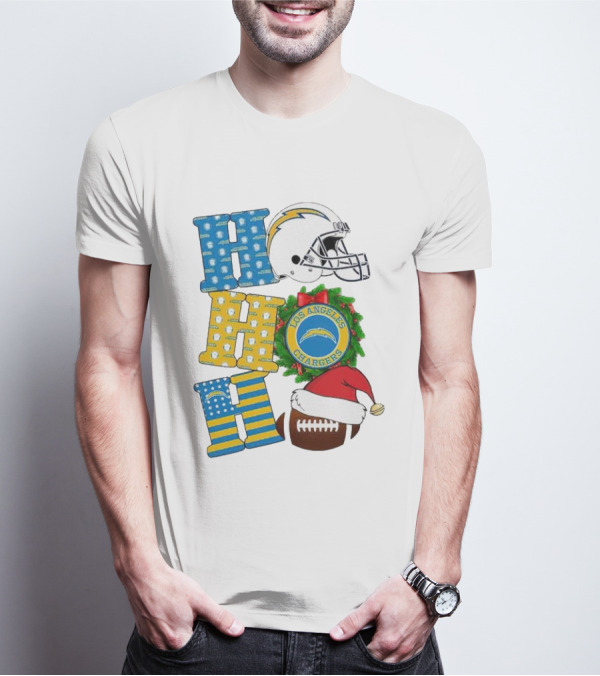 Los Angeles Chargers Ho Ho Ho Merry Christmas Wreath Helmet Football Santa Hat Featured T-Shirt