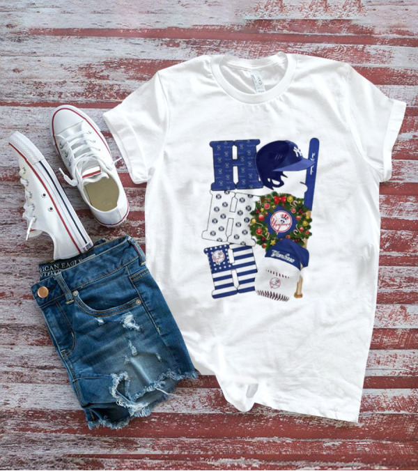 New York Yankees Ho Ho Ho Merry Christmas Yankees Caps Wreath Baseball Bat T-Shirt