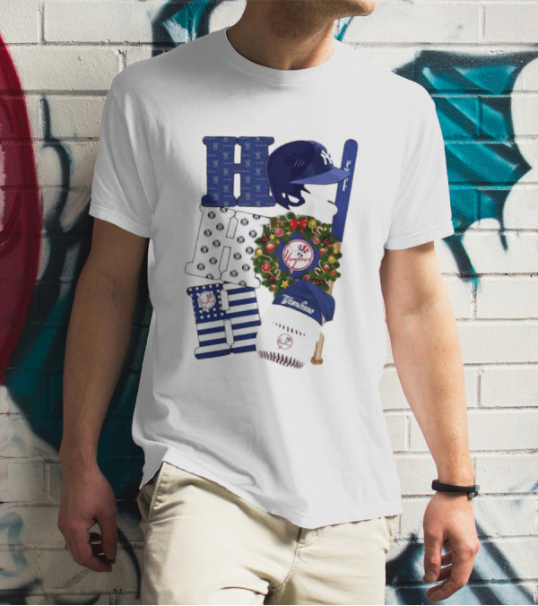 New York Yankees Ho Ho Ho Merry Christmas Yankees Caps Wreath Baseball Bat T-Shirt