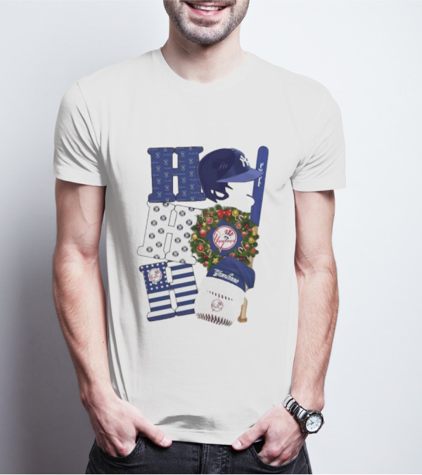 New York Yankees Ho Ho Ho Merry Christmas Yankees Caps Wreath Baseball Bat T-Shirt