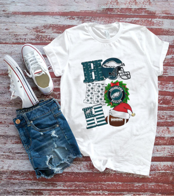 Philadelphia Eagles Ho Ho Ho Merry Christmas Football Helmet Wreath Santa Hat T-Shirt