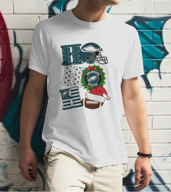 Philadelphia Eagles Ho Ho Ho Merry Christmas Football Helmet Wreath Santa Hat T-Shirt