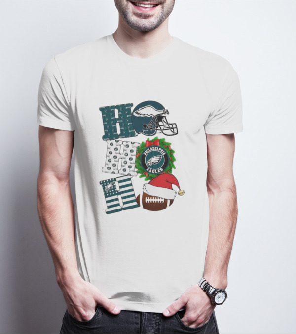 Philadelphia Eagles Ho Ho Ho Merry Christmas Football Helmet Wreath Santa Hat T-Shirt