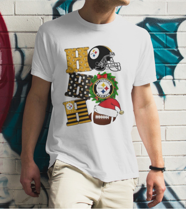 Pittsburgh Steelers Ho Ho Ho Merry Christmas Football Helmet Wreath Santa Hat T-Shirt
