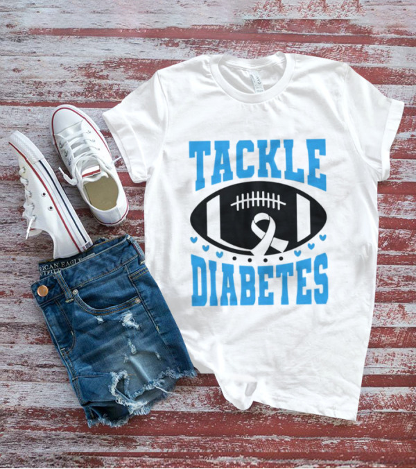 Tackle Diabetes Awareness Football Design With Blue Ribbon And Hearts T-Shirt