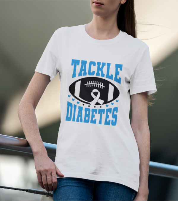 Tackle Diabetes Awareness Football Design With Blue Ribbon And Hearts T-Shirt