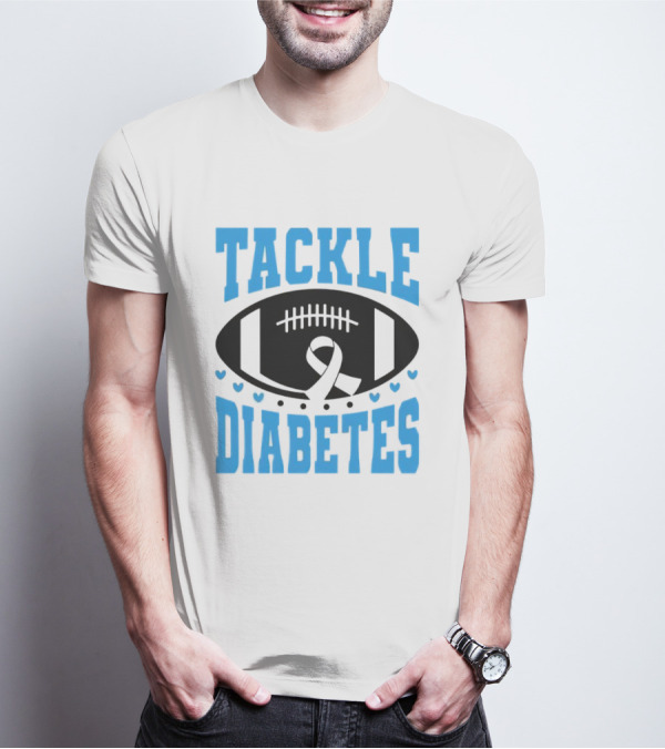 Tackle Diabetes Awareness Football Design With Blue Ribbon And Hearts T-Shirt