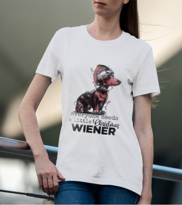 Everyone Needs A Little Christmas Wiener Dachshund With Lights And Santa Hat T-Shirt