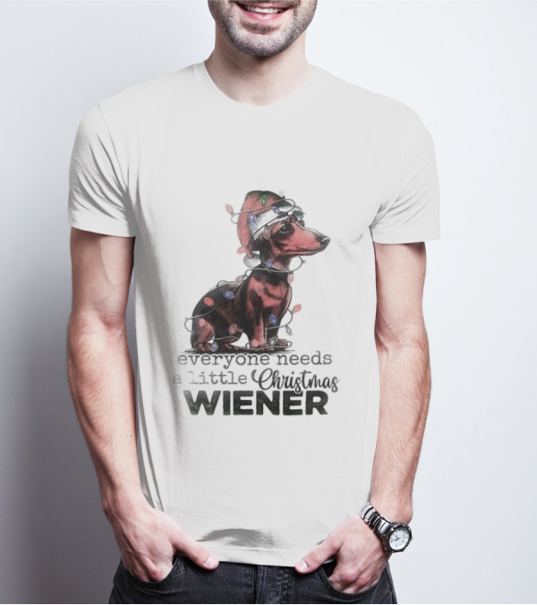 Everyone Needs A Little Christmas Wiener Dachshund With Lights And Santa Hat T-Shirt