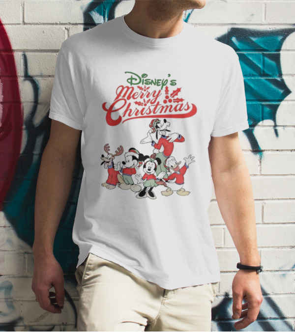 Disney’s Merry Christmas Mickey Minnie Goofy Pluto Festive Holiday T-Shirt