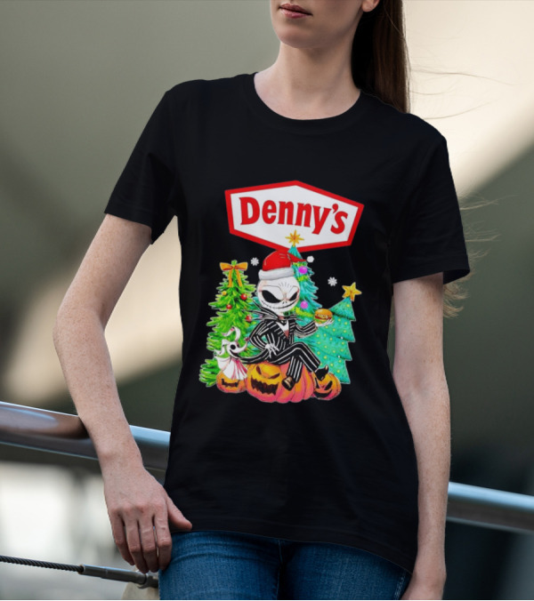 Denny’s Jack Skellington Santa Sitting On Pumpkins With Christmas Trees T-Shirt