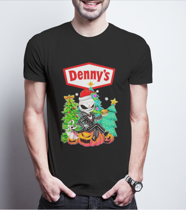 Denny’s Jack Skellington Santa Sitting On Pumpkins With Christmas Trees T-Shirt