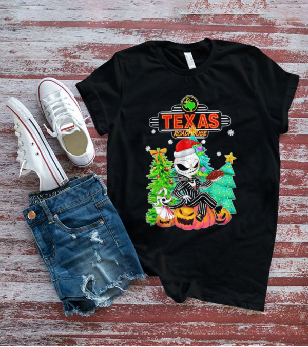 Jack Skellington Christmas With Texas Roadhouse Pumpkin And Christmas Trees T-Shirt