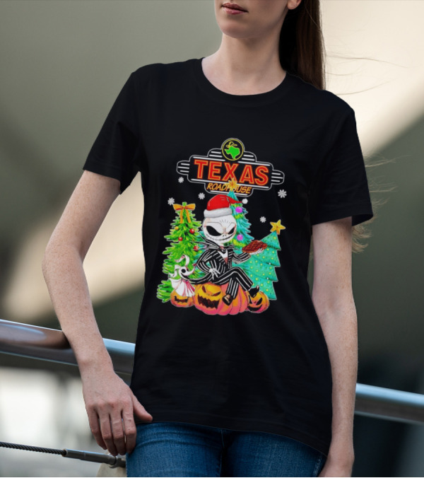Jack Skellington Christmas With Texas Roadhouse Pumpkin And Christmas Trees T-Shirt