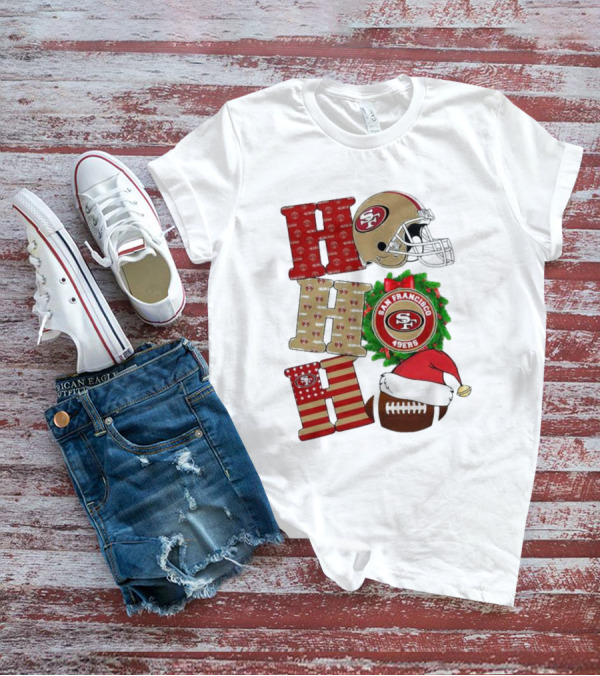San Francisco 49ers Ho Ho Ho Merry Christmas Football Helmet Wreath Santa Hat T-Shirt