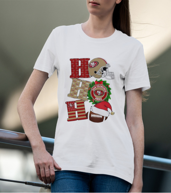 San Francisco 49ers Ho Ho Ho Merry Christmas Football Helmet Wreath Santa Hat T-Shirt
