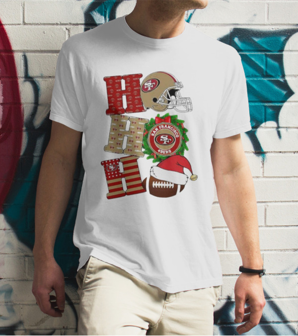 San Francisco 49ers Ho Ho Ho Merry Christmas Football Helmet Wreath Santa Hat T-Shirt