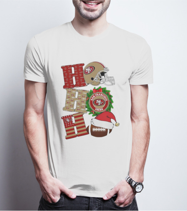 San Francisco 49ers Ho Ho Ho Merry Christmas Football Helmet Wreath Santa Hat T-Shirt