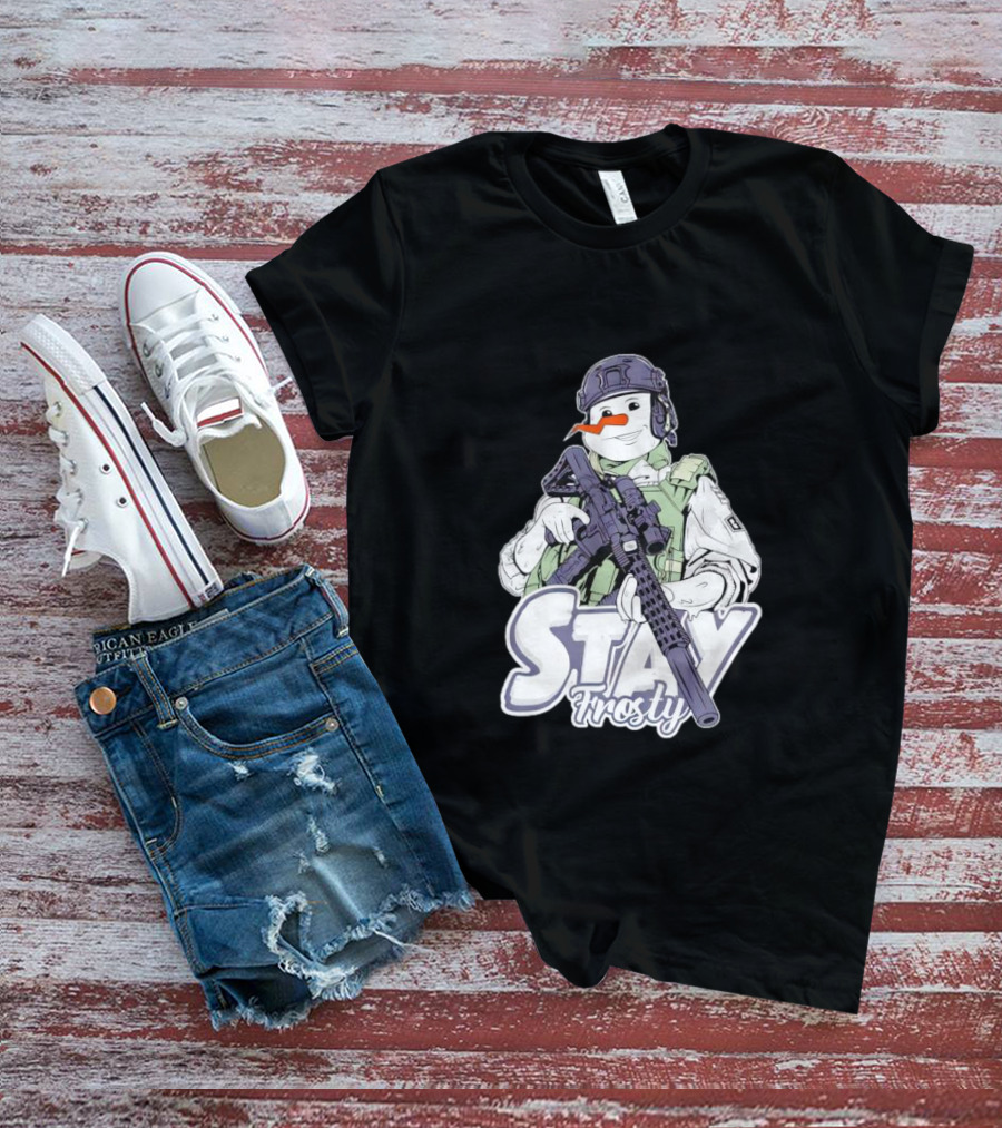 Stay Frosty Snowman Soldier With Rifle Drawing T-Shirt