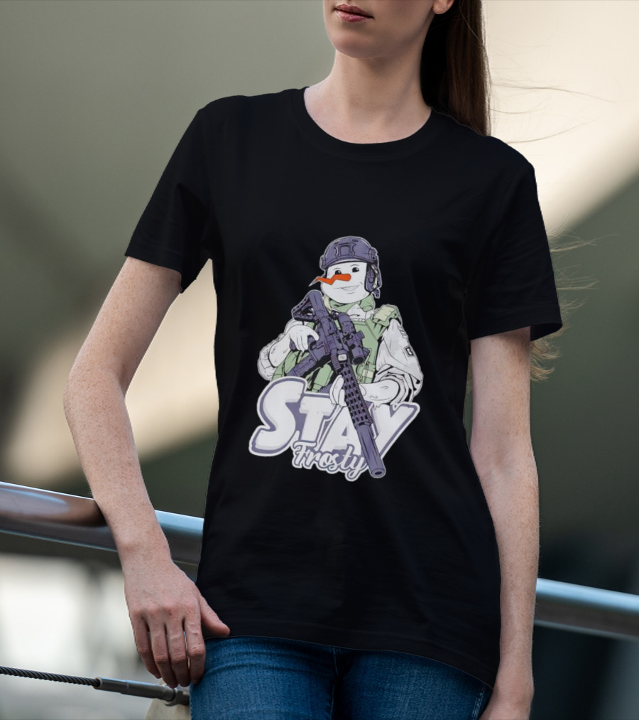 Stay Frosty Snowman Soldier With Rifle Drawing T-Shirt