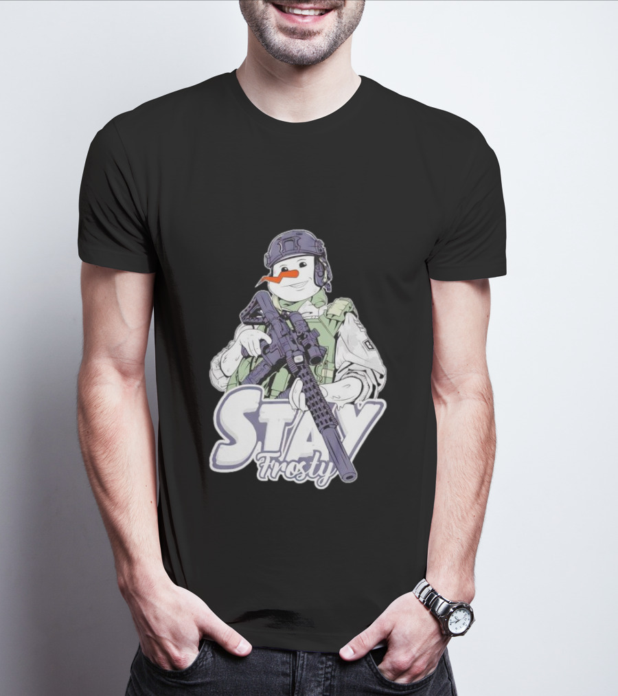 Stay Frosty Snowman Soldier With Rifle Drawing T-Shirt