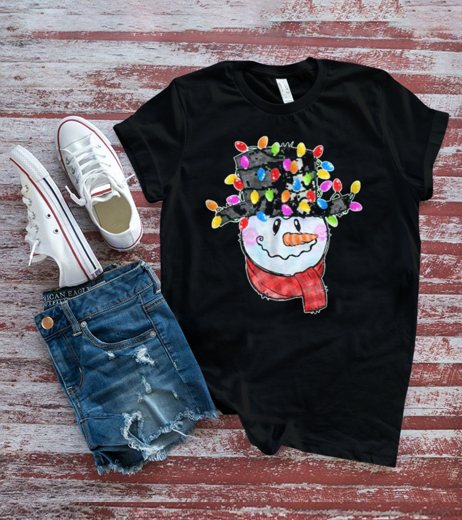 Snowman Wrapped In Colorful Christmas Lights With Black Top Hat And Red Scarf T-Shirt