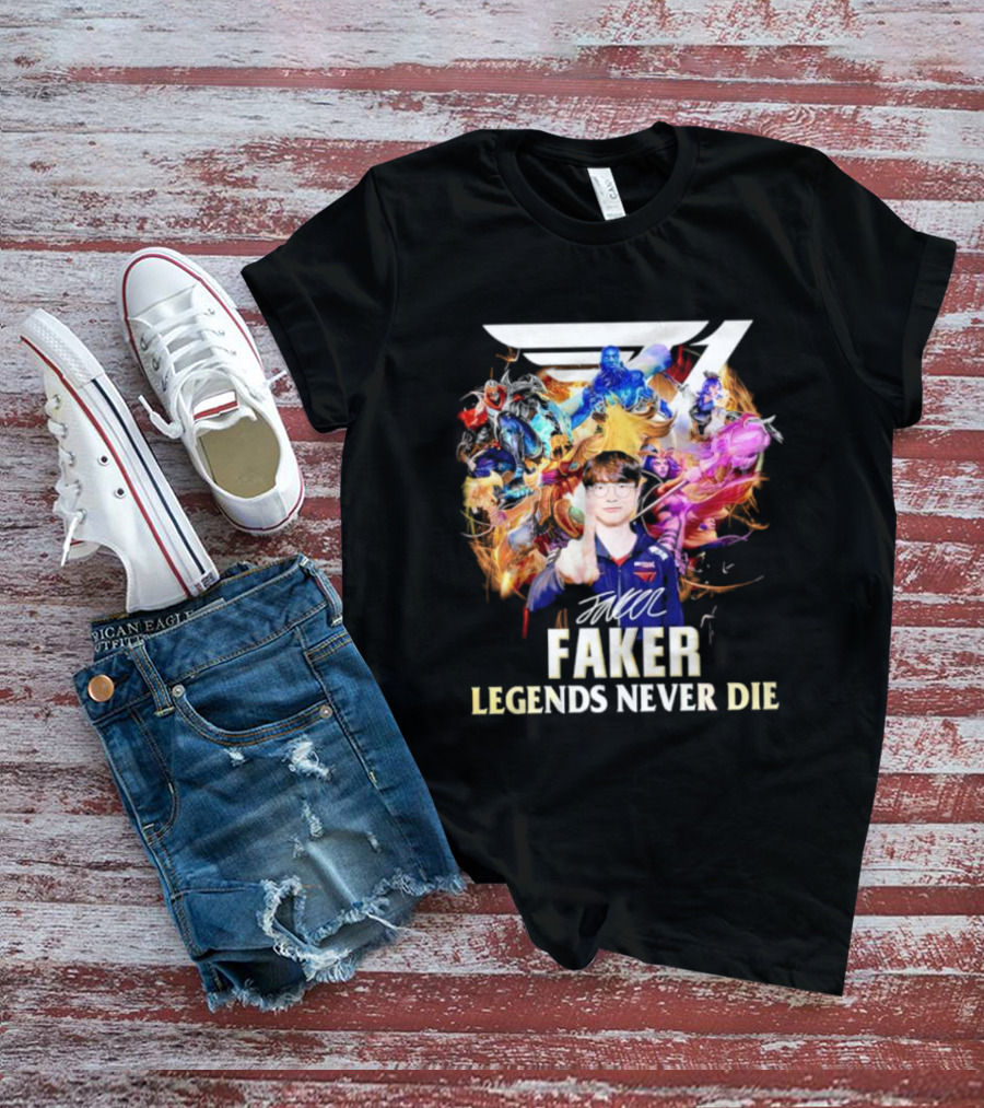 T1 Faker Legends Never Die Signature With Dynamic Character T-Shirt