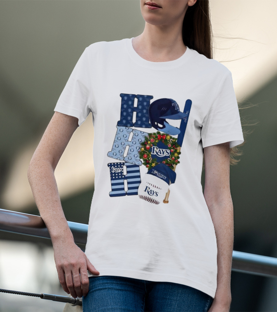 Tampa Bay Rays Ho Ho Ho Merry Christmas Baseball Helmet Wreath T-Shirt