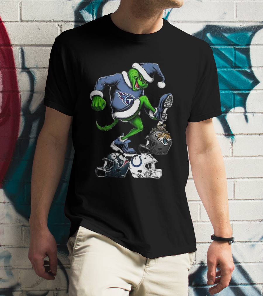Tennessee Titans Grinch Stomping Jaguars Texans Colts Helmets Christmas T-Shirt
