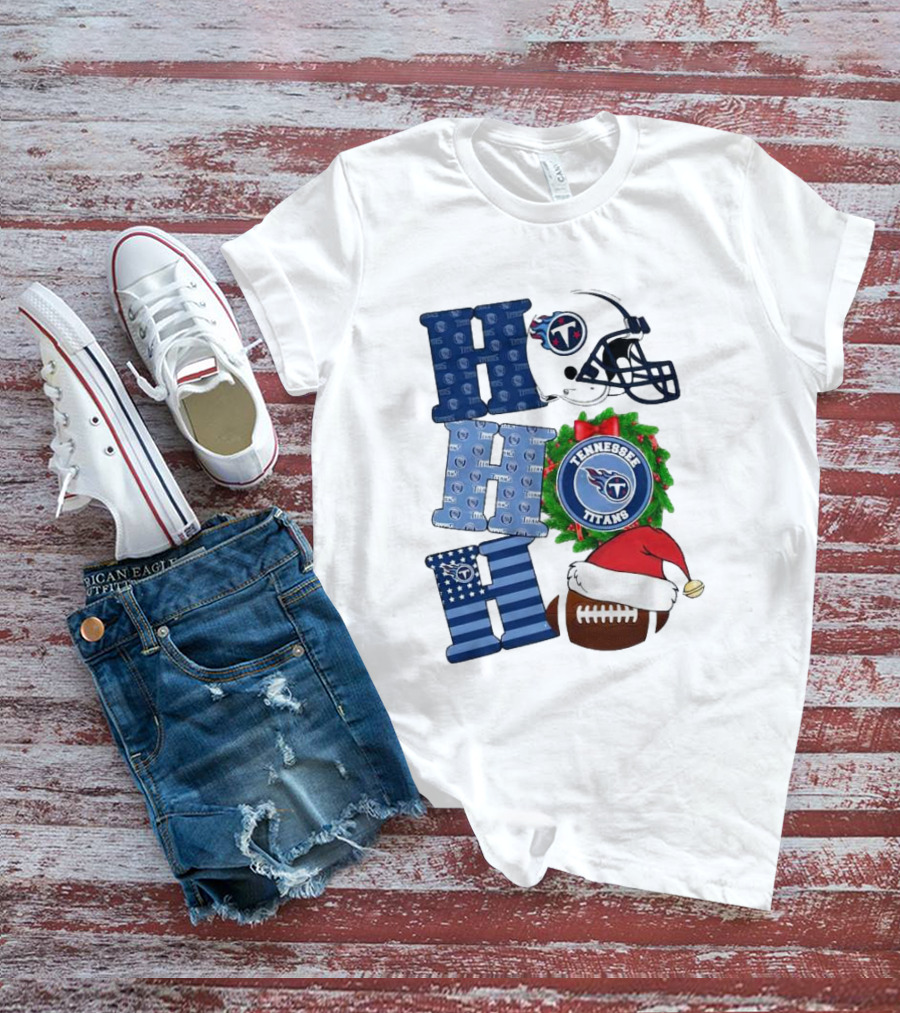 Tennessee Titans Ho Ho Ho Merry Christmas Football Helmet Santa Hat Wreath T-Shirt