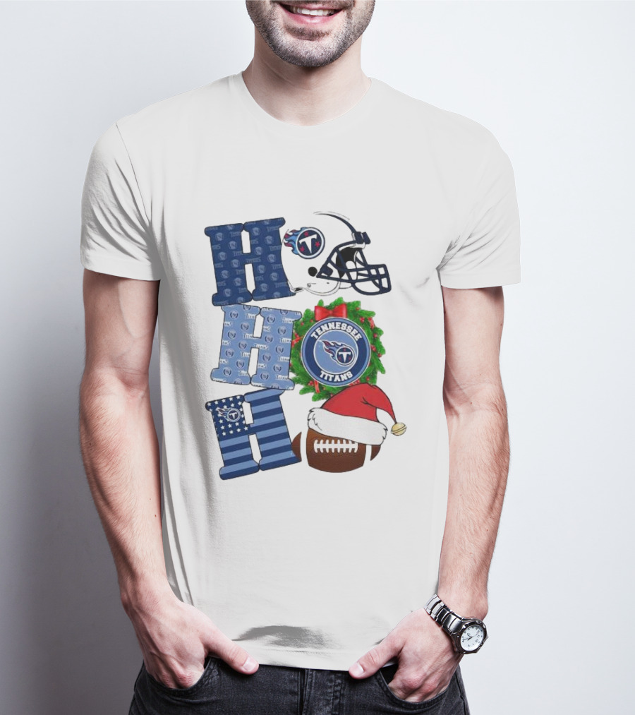Tennessee Titans Ho Ho Ho Merry Christmas Football Helmet Santa Hat Wreath T-Shirt