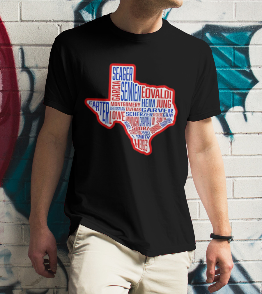 Texas Rangers Champs Seager Semien Garcia Eovaldi Carter Montgomery Heim Jung Garver Lowe Scherzer T-Shirt