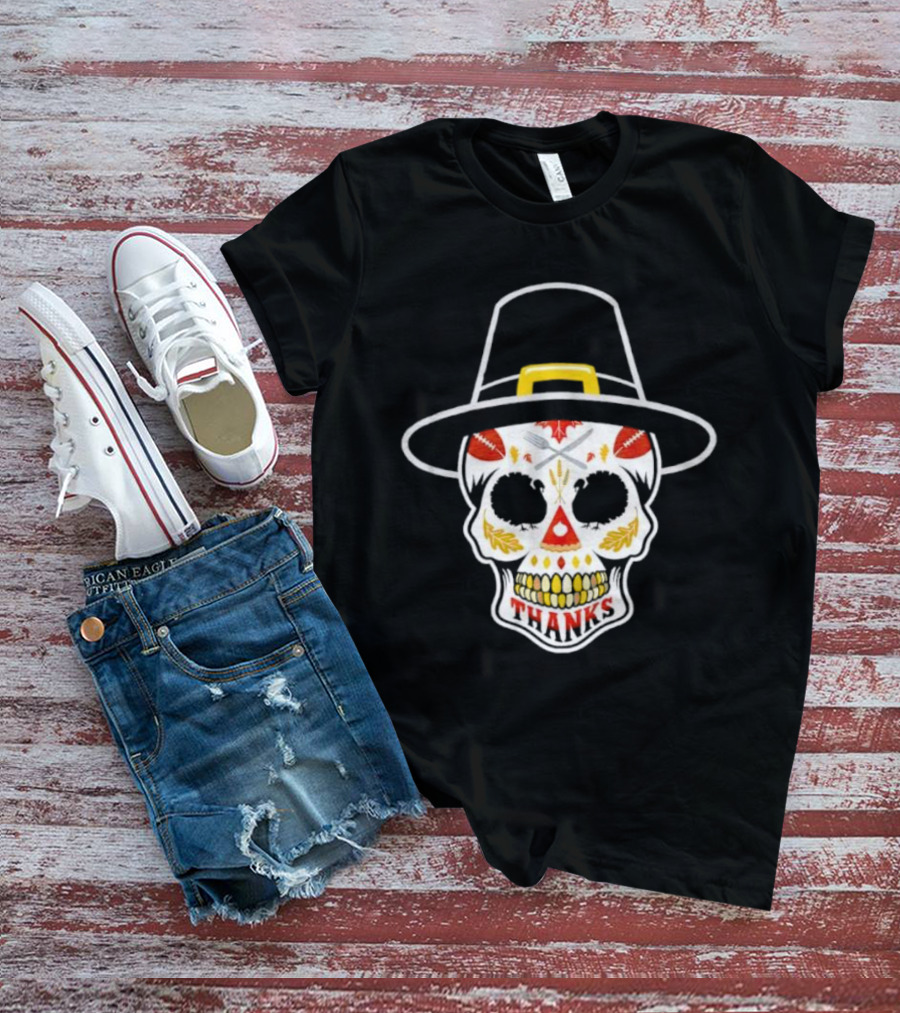 Thanksgiving Sugar Skull Thanks Pilgrim Hat Football Leaves T-Shirt
