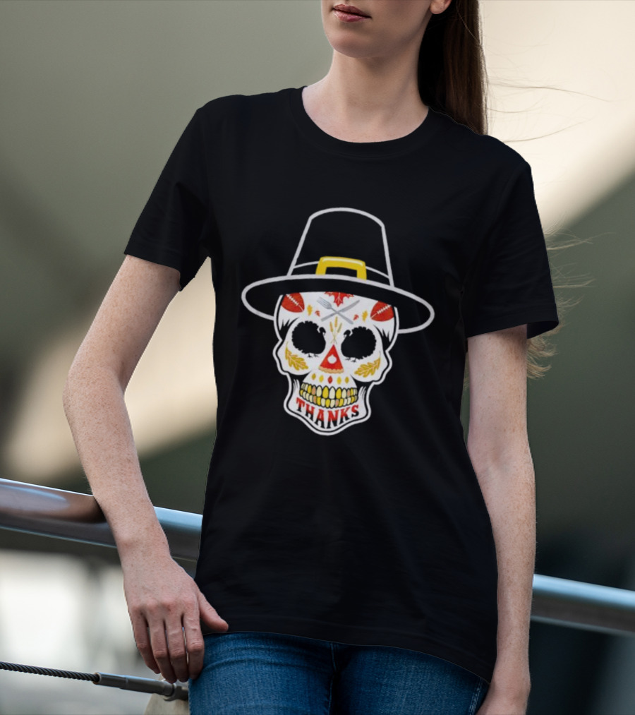 Thanksgiving Sugar Skull Thanks Pilgrim Hat Football Leaves T-Shirt