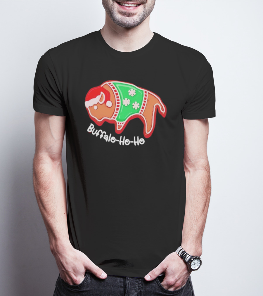 Buffalo-Ho-Ho Christmas Gingerbread Bison Santa T-Shirt