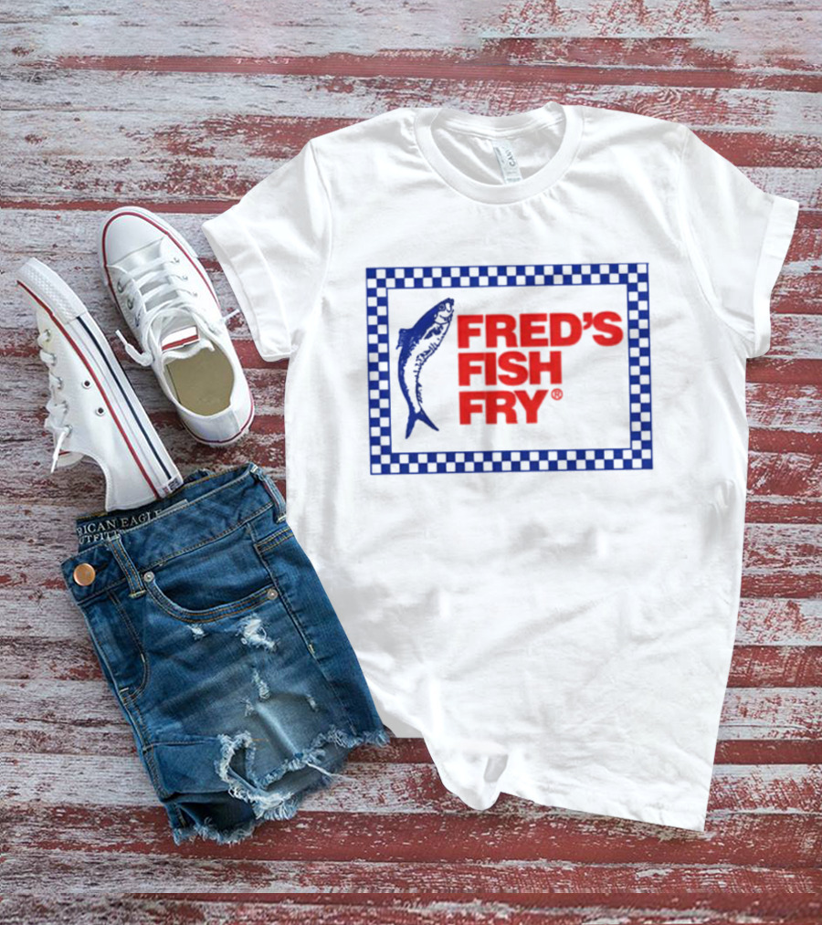 FRED'S FISH FRY Checkered Border With Jumping Fish T-Shirt